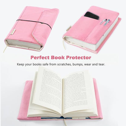Canvas Book Covers, Washable Book Protector, Book Cover for Paperback Novels, Adjustable Book Cover for Hardcover with Pockets for Pen, Soft Cover Books, Book Lovers Gifts