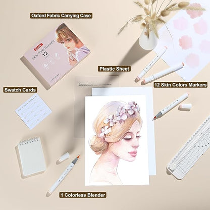 SFAIH Skin Tone Brush Tip Alcohol Markers - 12 Light Skin Colors Double Tipped Art Markers for Artist Adult Coloring Illustration, Gifts for Artist Adult, Dual Tip Brush & Chisel - Refillable Ink