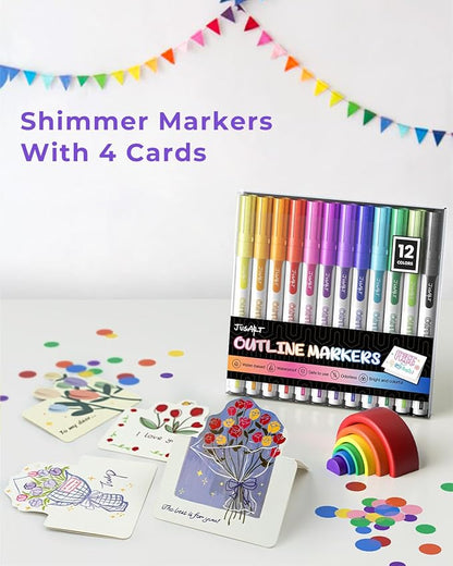 JusArt Outline Markers 12 Colors, Double Line Glitter Markers for Greeting Card Art Crafts, Girls Teens Stocking Stuffers Shimmer Markers, Metallic Sparkle Markers Painting Drawing Supplies