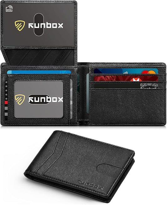 RUNBOX Wallet for Men Slim Rfid Leather 2 ID Window With Gift Box