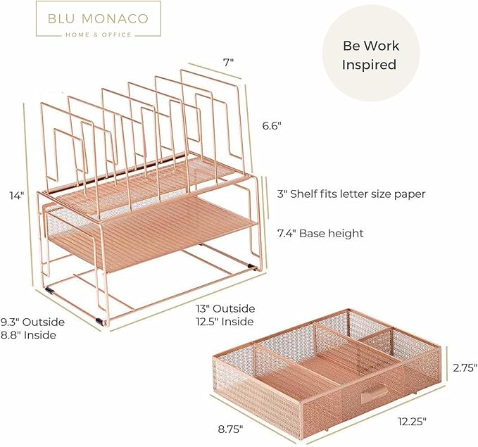 BLU MONACO Workspace Rose Gold Desk Organizers and Storage Accessories Desktop Rack File Organizer with File sorters and Drawer for Office Supplies - Cute Desk Organizer