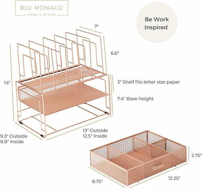 BLU MONACO Workspace Rose Gold Desk Organizers and Storage Accessories Desktop Rack File Organizer with File sorters and Drawer for Office Supplies - Cute Desk Organizer