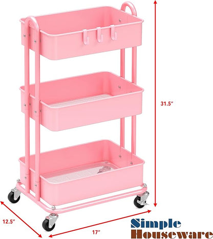 Simple Houseware Heavy Duty 3-Tier Metal Utility Rolling Cart, Pink