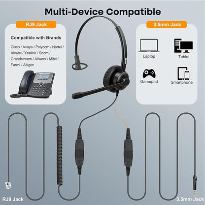 MAIRDI Phone Headset with Noise Canceling Microphone, Call Center Office Headset with RJ9 Jack & 3.5mm Connector for Landline Deskphone Cell Phone PC Laptop, Telephone Headset Work for Polycom