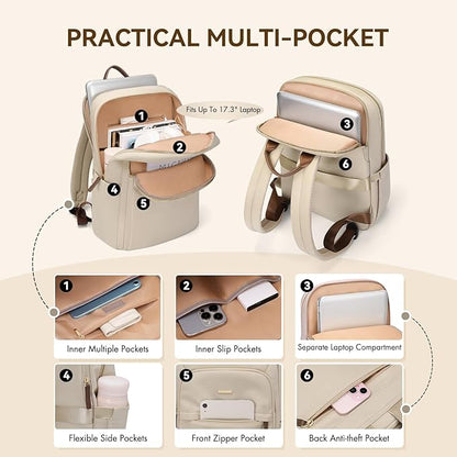 Laptop Backpack for Women Travel Work Commute Casual Daypack Backpack Purse Computer Bags Fit 16 Inch Notebook (Apricot)