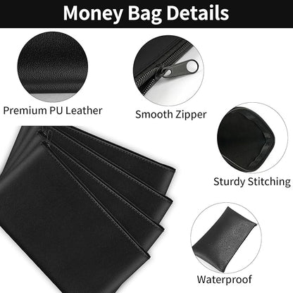 4 Pack Money Bags with Zipper, 11x6.1 Inch PU Leather Cash Pouch, Secure Bank Bag for Coins, Bills, Checks, Invoices, Cosmetics, Tools (Black)