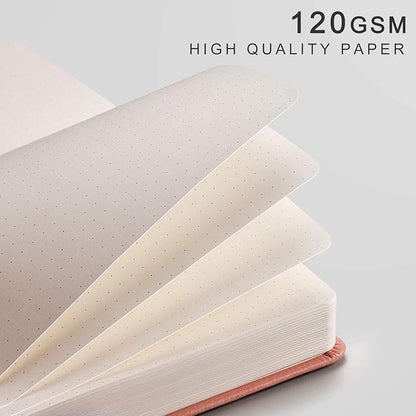 EMSHOI Dotted Notebook - 256 Pages A5 Bullet Dotted Journal, Hardcover Dot Grid Notebook, Leather Notebooks for Work, 120gsm Thick Paper,16 Perforated Pages, Inner Pocket,5.75'' × 8.38''-Pink