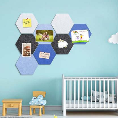 12" Large Bulletin Board with 30 Push Pins, Pack of 8 Hexagon Felt Pin Board Notice Boards for Home Office Kitchen, Felt Wall Tiles for Photos Memos