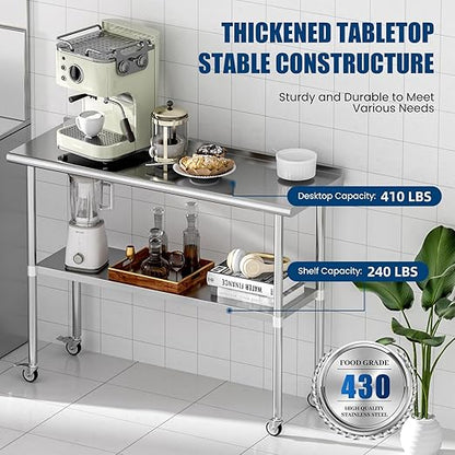 Stainless Steel Table with Wheels 18 x 48 Inches Metal Prep Table with Backsplash & Caster, Adjustable Undershelf for Commercial Kitchen, Outdoor, Restaurant, Hotel & Garage
