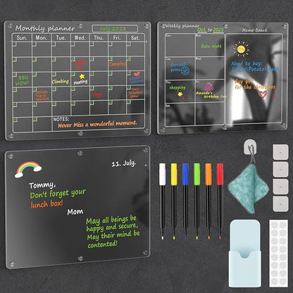 Magnetic Acrylic Calendar for Fridge,3 Pack 12"x16" Clear Fridge Calendar Dry Erase Magnetic Planning Boards Set Includes 6 Colorful Highlight Markers,Magnetic Pen Holder and Erase Towel