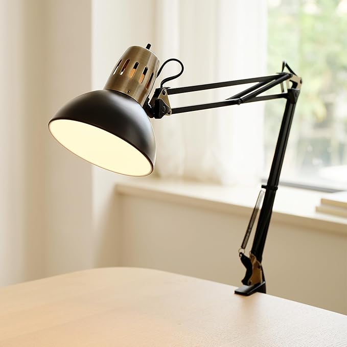 Globe Electric 62000009 32" Multi-Joint Desk Lamp with Metal Clamp, Matte Black, Antique Brass Accents, On/Off Rotary Switch on Shade, Partially Adjustable Swing Arm, Home Décor, Office Accessory