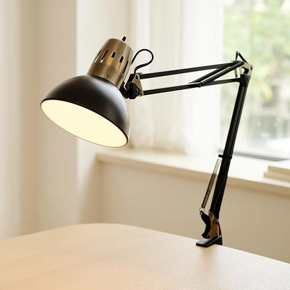 Globe Electric 62000009 32" Multi-Joint Desk Lamp with Metal Clamp, Matte Black, Antique Brass Accents, On/Off Rotary Switch on Shade, Partially Adjustable Swing Arm, Home Décor, Office Accessory