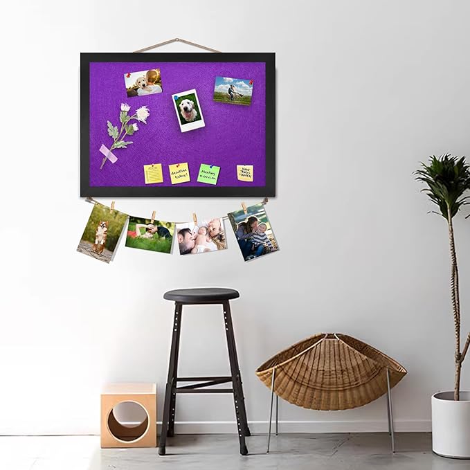 Bulletin Boards Cork Board with Felt, 15"x11" Small Display Pin Board Vision Board for Walls, Jewelry, Notes, Collection, Photos, Office, Wood Framed(Black) & Felt(Purple), 1pc
