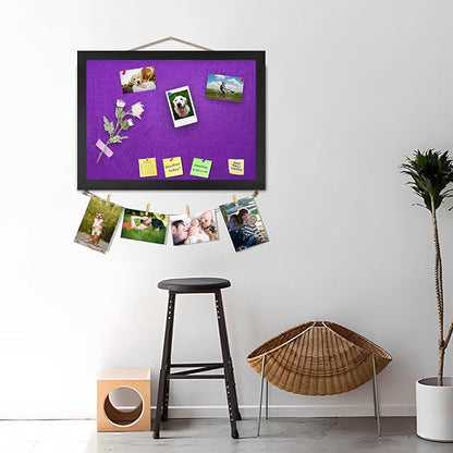 Bulletin Boards Cork Board with Felt, 15"x11" Small Display Pin Board Vision Board for Walls, Jewelry, Notes, Collection, Photos, Office, Wood Framed(Black) & Felt(Purple), 1pc