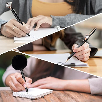 WEMATE 8Pcs Ballpoint Pens Set Metal Crystal Diamond Pen Glitter Pen for Journaling Black Pen Bling in Black & Blue Ink Pretty Cute Pens Fancy Pens Gifts for Women Wedding School Office Desk(Black)