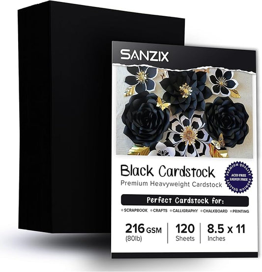 SANZIX 120 Sheets Black Cardstock Paper 8.5 x 11 80lb/216 GSM Cover Card Stock for Invitations, Drawing, Menus, Decorations, DIY Cards, Scrapbook, Calligraphy & Crafts | Heavyweight Printer Paper