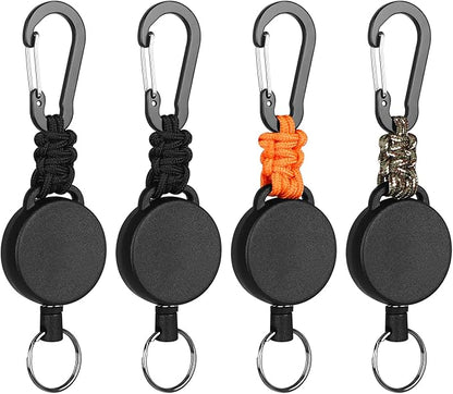 Retractable Keychain Heavy Duty Carabiner Badge Holder Retractable Badge Reel ID Holder Steel Retractable Cord and Paracord Extendable Key Ring 4 Pack