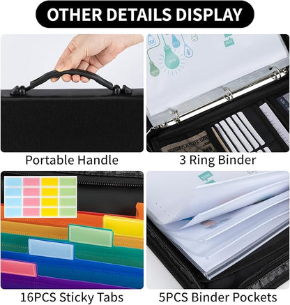Accordion File Organizer,13 Pockets Important Document Organizer with Life Binder,Fireproof Expanding File Folder,Portable Binder Organizer with Handle,With 5 Binder Pockets and Labels for Business