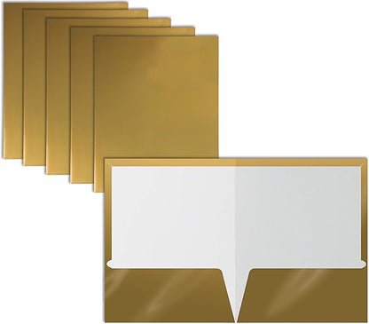 Better Office Products 2 Pocket Glossy Laminated Metallic Gold Paper Folders, Letter Size, 25 Pack, Paper Portfolios Box of 25