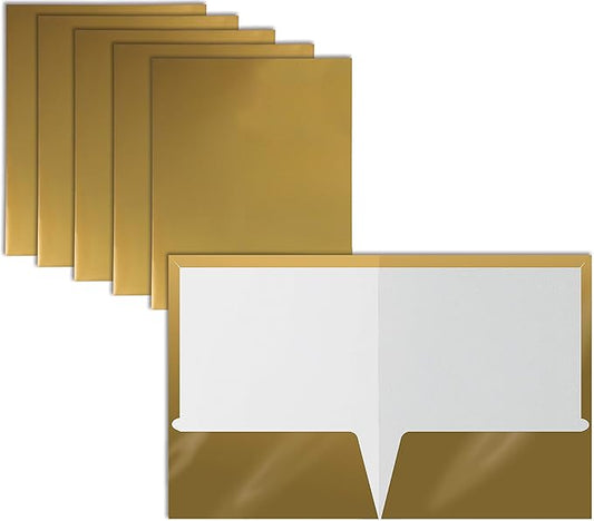 Better Office Products 2 Pocket Glossy Laminated Metallic Gold Paper Folders, Letter Size, 25 Pack, Paper Portfolios Box of 25