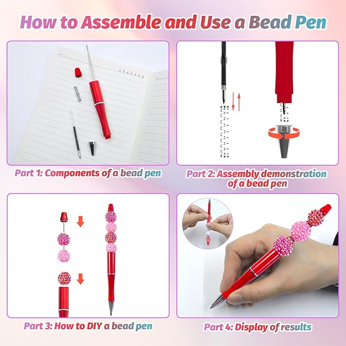 15 Pieces Beadable Pens - Beaded Pens Plastic Diy Black Ink Ballpoint Pens Bulk - Bead Pens Suitable For Teacher, Students, Office, School, Graduation Gift Supplies（Red）