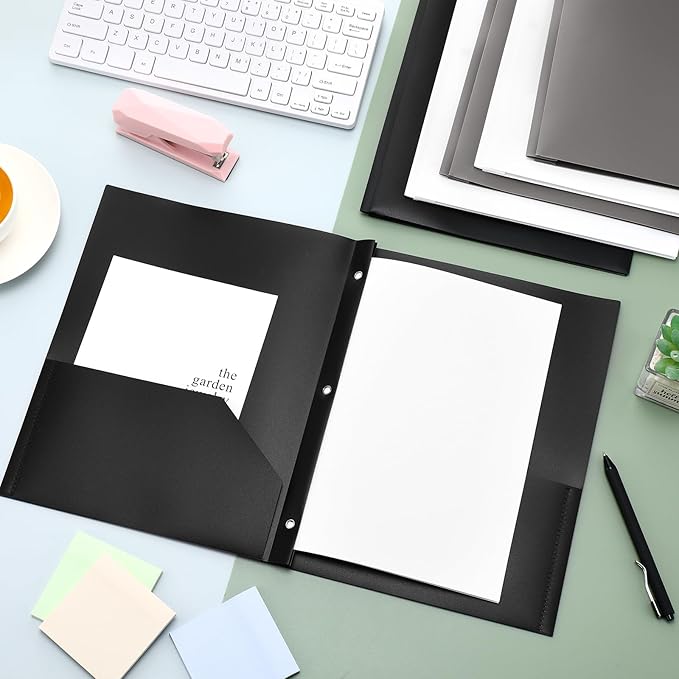 Cholemy 6 Pcs Plastic Pocket Folders with Prong 2 Heavy Duty Pockets Folders with 3 Prongs Letter Size Paper Folders Bulk File Plastic Folders with Fasteners for Office Workers (White,Black,Grey)