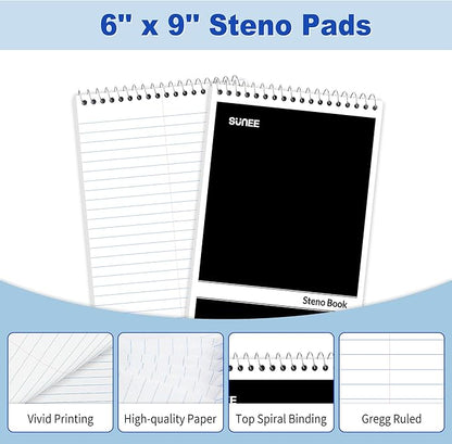 SUNEE 12 Pack Steno Pads 6x9, Gregg Rule, 60 Sheets, Spiral Notebook 6x9, White Paper, Take Notes with Top Spiral Notebook, for School, University, College, Work, Office, Black