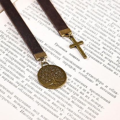 Bookmarks, Handmade Retro Cross Tree of Life Bible Bookmark with Long Leather Straps, Christian Saint Book Mark, Ideal Catholic Gift (Style 11)