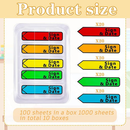 Colarr 10 Pack 1000 Pieces Sign Here Date Tabs Sign Here Date Stickers Flags Please Message Flags for Office Notebook Annotating Books Notary Books(Multicolor,Classic)