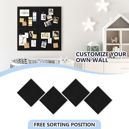 4 Pack Cork Board Tiles 12x12 Inches, 1/2" Thick Felt Cork Squares with 30 Push Pins, Bulletin Board Pin Board, Adhesive Cork Board for for Wall for Home, Office, and Kitchen (Black)