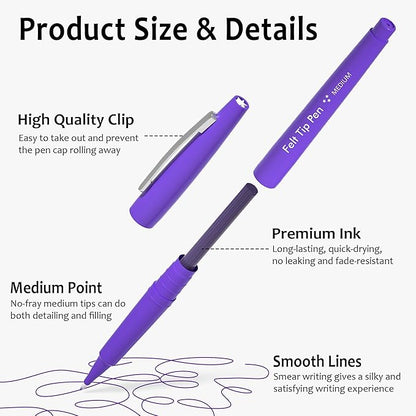 Lelix Felt Tip Pens, 30 Purple Pens, 0.7mm Medium Point Felt Pens, Felt Tip Markers Pens for Journaling, Writing, Note Taking, Planner, Perfect for Art Office and School Supplies