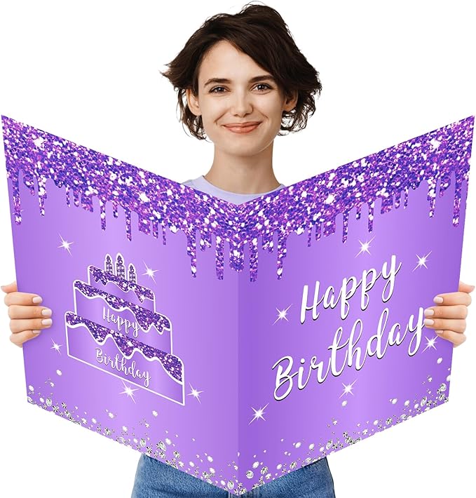 Zirtorei Jumbo Birthday Card with Envelope, Giant Guest Book Happy Birthday Greeting Cards for Women, Large Birthday Card Gifts Party Supplies, Purple Silver Extra Big Birthday Card Decor