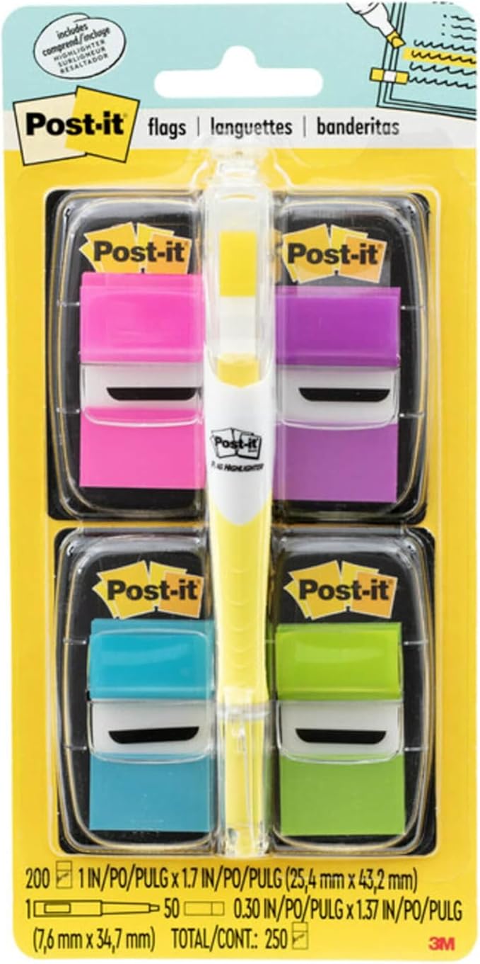 Post-it Flags Value Pack, 50/Dispenser, 4 Dispensers/Pack, 1 in Wide, Assorted Bright Colors, Includes FREE Flags + Highlighter (680-PPBGVA)