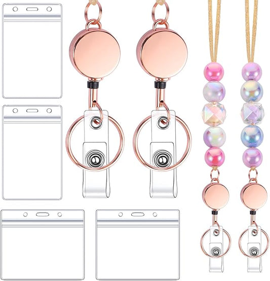 6 in 2 Set Retractable Lanyard for ID Badges, Teacher Lanyard with Badge Holders Beaded Cute Lanyards for ID Badges Keys Teacher Appreciation Gifts Office Gift for Coworkers
