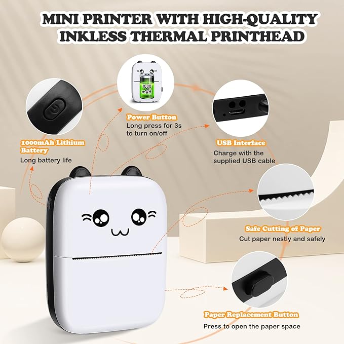 Mini Printer, Thermal Printer Sticker Maker with 10 Rolls Paper, Portable Pocket Printer for Notes, Journal, Fun, Work, Receipt Printer for Kids, Compatible with iOS&Android