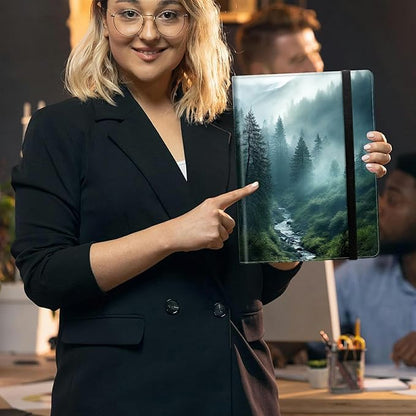 Forest in Rain PU Leather Padfolio Clipboard Notepad with Pen Loop and Elastic Strap Interview/Resume Document Organizer for Business School Office