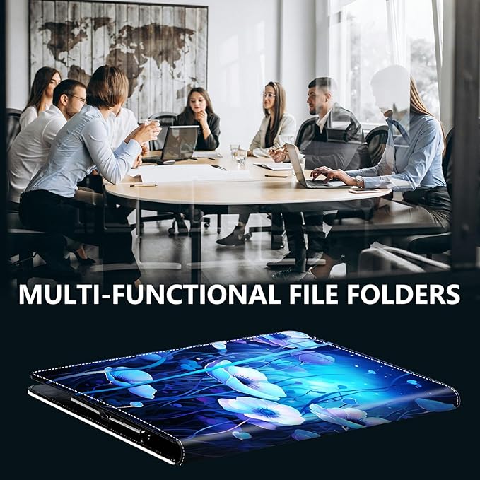 PU Leather Padfolio Folder Clipboard Portfolios Organizer Conference Document Organizer with Business Card Holder Storage Clipboard Writing Pad,Blue Flowers