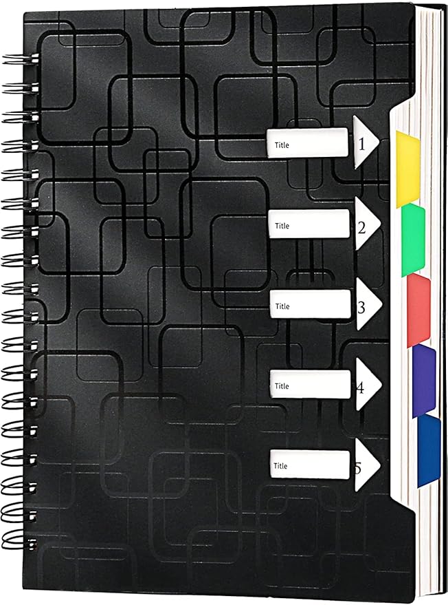 CAGIE 5 Subject Notebook College Ruled 8.5x11 240 Pages Spiral Notebook with Dividers Tabs A4 Notebooks for School Work Organization Note Taking, Black