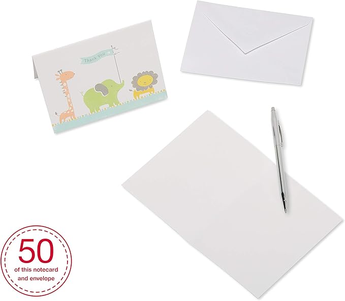 American Greetings Baby Shower Thank You Cards with Envelopes, Giraffe, Elephant and Lion (50-Count)