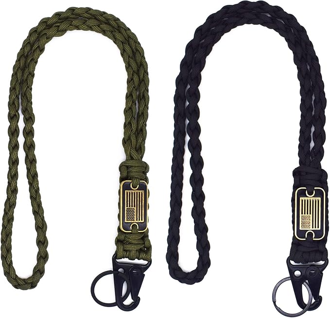 2 Pcs Heavy Duty Braided Paracord Lanyard Keychain with USA Flag, Parachute Rope Necklace Keychains, Braided Strong Lanyard with Metal HK Clip Key Ring for Outdoor Activities, Camera, Traveling