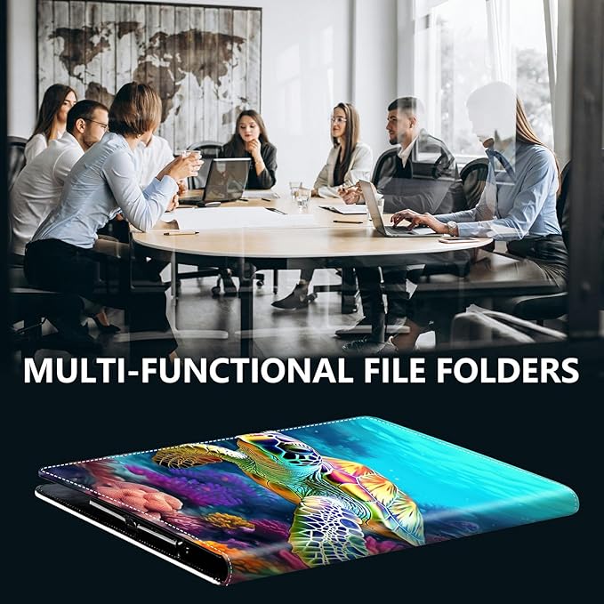 PU Leather Padfolio Folder Clipboard Portfolios Organizer Conference Document Organizer with Business Card Holder Storage Clipboard Writing Pad,Turtle Corals