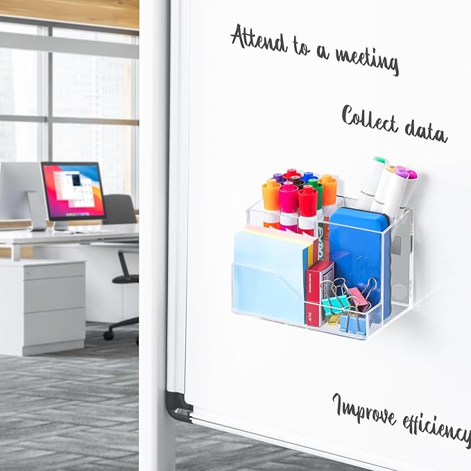 Simetufy Clear Magnetic Dry Erase Marker Holder for Refrigerator, Partition Non-slip Acrylic Whiteboard Marker Holder with Large Slots for Magnetic Board, or Metal Surfaces for Fridge, Lockers, Washer