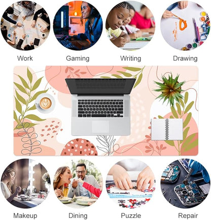 QIYI Large Mouse Pad, Cute Desk Mat for Desktop, Women Girls Minimalist Pink Office Desk Accessories, PU Leather Waterproof Gaming Mousepad, Tropical Leaves Desk Pad Computer Mat, 31.5" x 15.7"