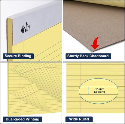 ViVin Legal Pads 8.5 x 11 Inch, Wide Ruled Note Pads, 12 Pack, 50 Sheet/Pad, Perforated Writing Pads, Notepads for Office Home School, 600 Sheets (12 Pack of 50), Canary Yellow Paper