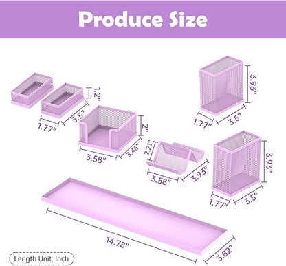 SUPEASY Pen Holder for Desk, 6 Piece Mesh Desk Organizer set, Desk Accessories for Office Organization with Mail Organizer, Letter Phone Holder, Sticky Notes Caddy Storage, Purple