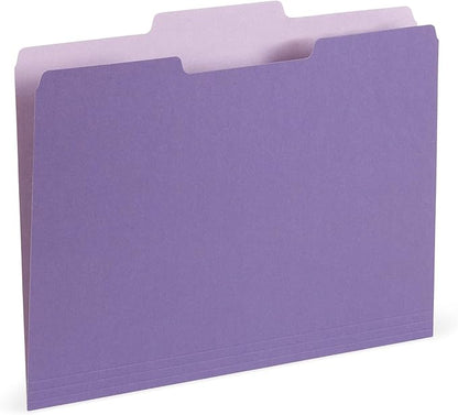 100 Blue Summit Supplies Purple File Folders Letter Size 1/3 Cut, Two-Tone Purple Folders, Durable 11pt Paper, Assorted Tabs, Holds Letter Size Documents