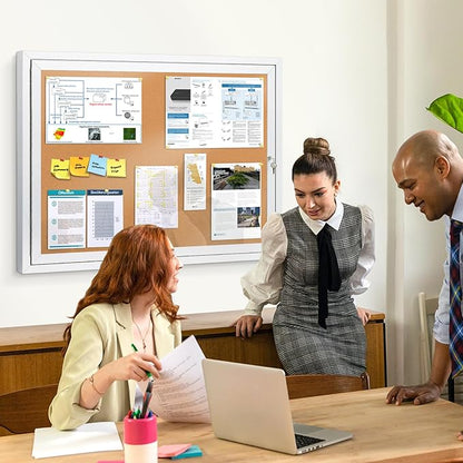 SWANCROWN Outdoor Enclosed Cork Bulletin Board Weatherproof Display Cases Tamperproof Notice Poster Memo Board with Aluminum Frame (Cork, 37x28 inches)