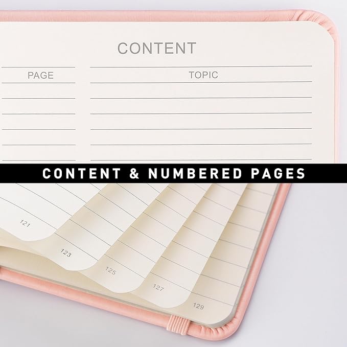 RETTACY Journaling Notebooks, A5 Lined Journal Notebook with 192 Numbered Pages, 5.7'' × 8.3'' Medium Size, for Writing, Work, Office, Leather Hardcover, 100 GSM Thick Paper (Pink)