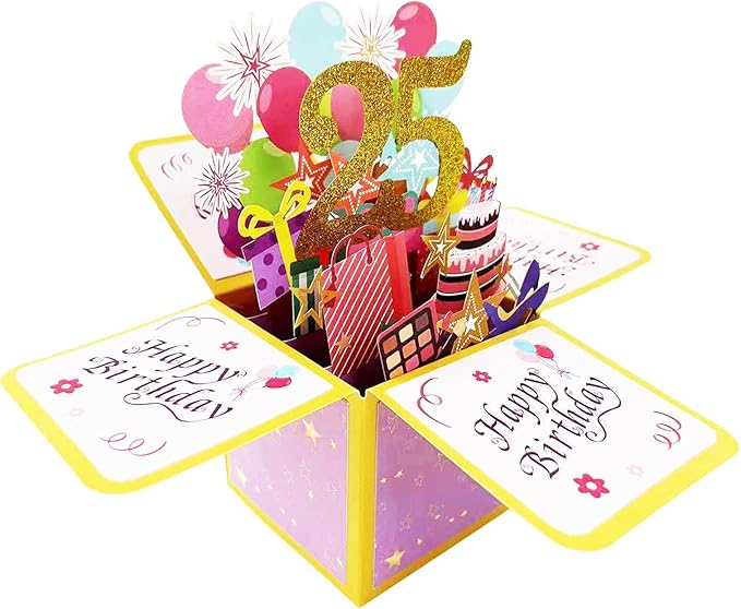 Asmallgf Funny 25th Birthday Pop Up Card for Son Daughter, Cool 25 Year Old Bday Gifts for Men Women, Sweet 25 Birthday 3D Greeting Card for Him Her, Great 25th Bday Gift Idea for Girlfriend Boyfriend