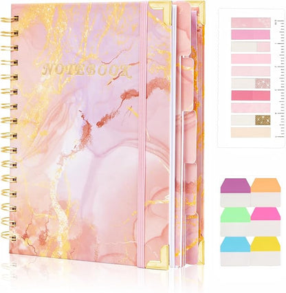 Spiral Notebooks for Work, 240 Pages Lined Spiral Journal Notebook, 5 Subject A5 College Ruled Journals for Writing, 8.6”x6.2''Journaling Notebooks for School Office Supplies (Pink Marble)